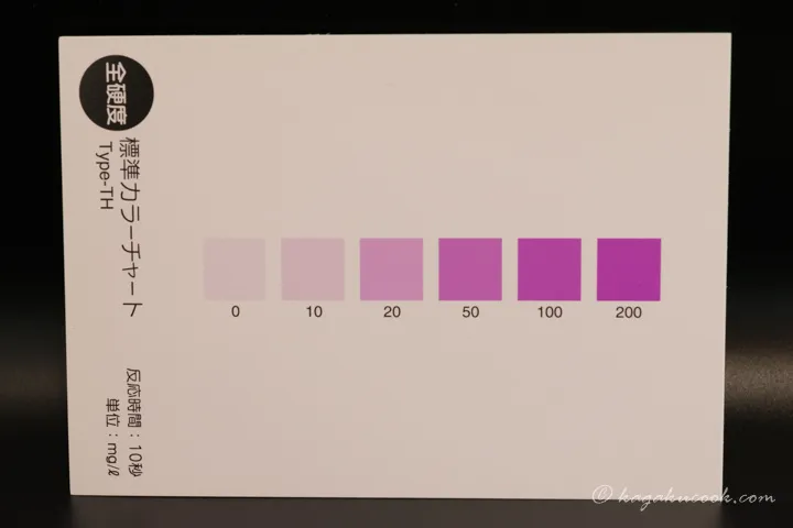シンプルパックミニ全硬度のカラーチャートは、0, 10, 20, 50, 100, 200 mg/Lの6段階を、色の濃さで見分ける仕様。
