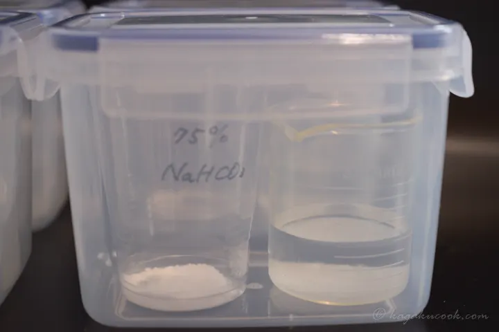 実験は密閉容器中で、重曹もしくは塩化カルシウムと、飽和食塩水もしくは精製水を共存させて行った。